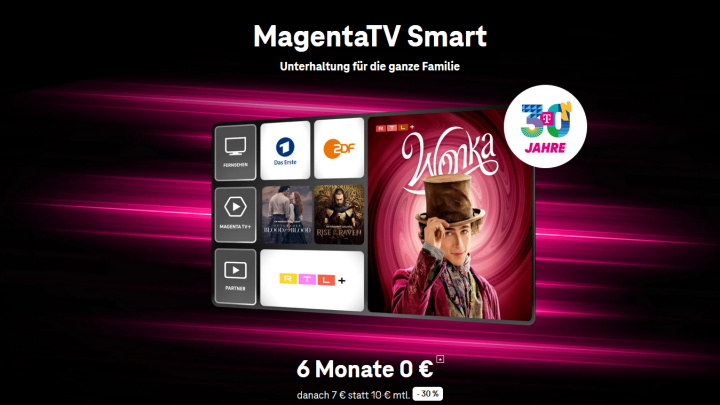 Benutzeroberfläche von MagentaTV Smart mit verschiedenen Streaming-Optionen und einem Titelbild.