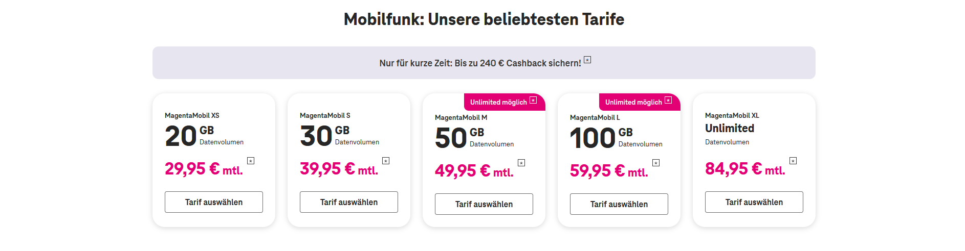 Grafik mit verschiedenen Mobilfunktarifen der Telekom, einschließlich Datenvolumen und Preisen.